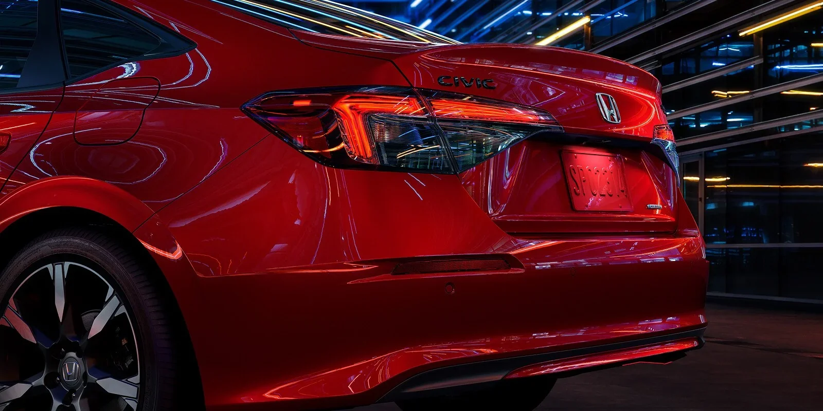 2026 Honda Civic Sport Touring Hybrid exterior, rear, Rallye Red